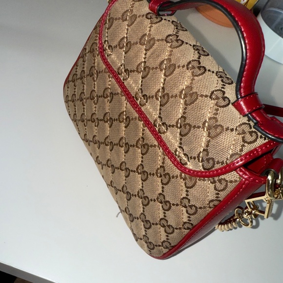 Authentic Gucci GG Marmont Mini Top Handle Bag - GG Supreme Canvas Red Leather G - Picture 3 of 8